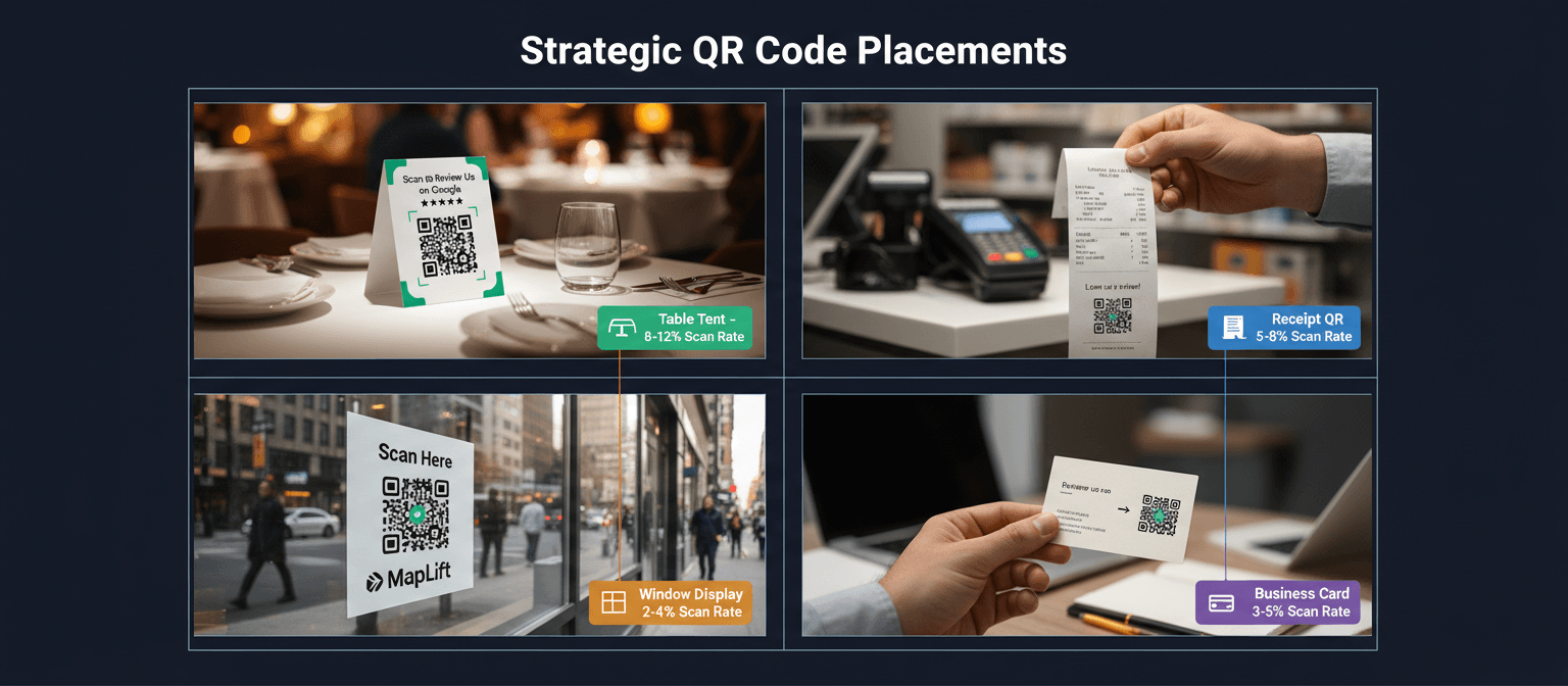Google review QR code placement examples showing table tent in restaurant, receipt footer, storefront window display, and business card back